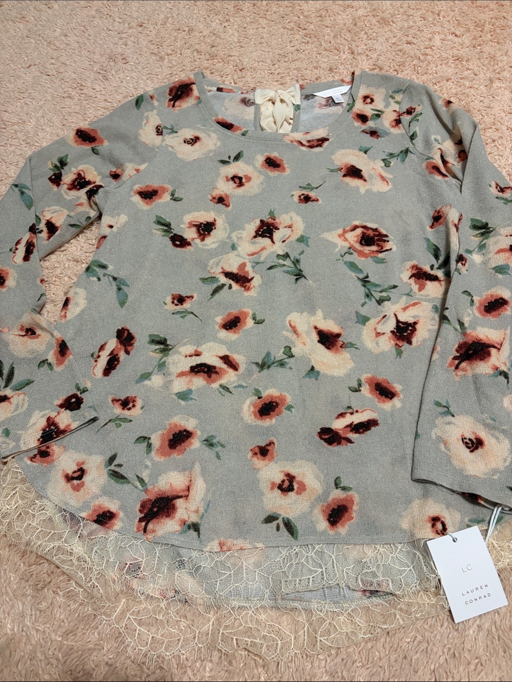 NWT Lauren Conrad Lace Trim Tunic Floral Sweater Tie Back XL sage peach rust